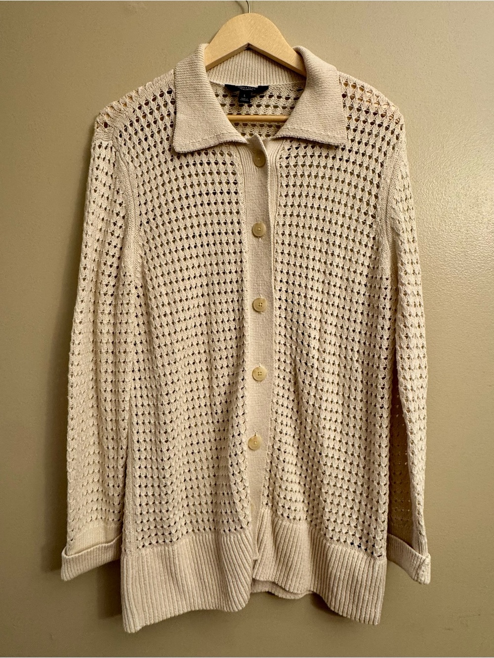Cream Open-Knit Crochet Knit Vera Wang Button-Up Women's Sweater Cardigan